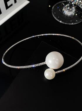 气质女神轻奢满钻珍珠开口项圈网红小众设计感项链性感锁骨链颈圈