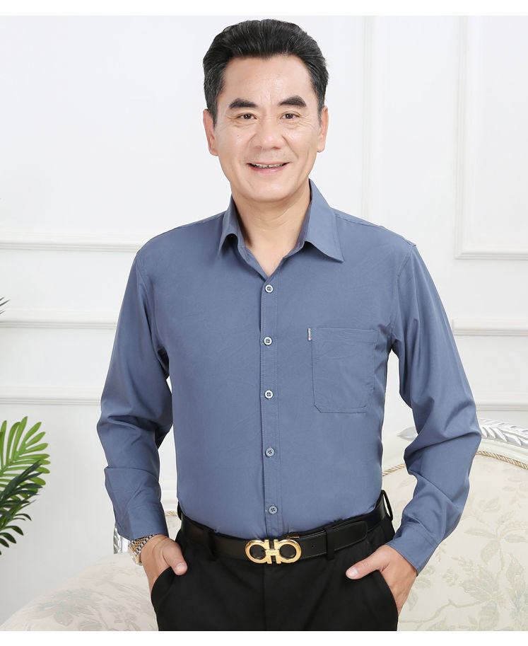 夏装薄款中年男士长袖衬衫爸爸装纯色宽松冰丝衬衣中老年人爷爷