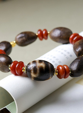 原创达拉干沉香木手链文玩藏饰宝瓶天珠中式南红玛瑙手串