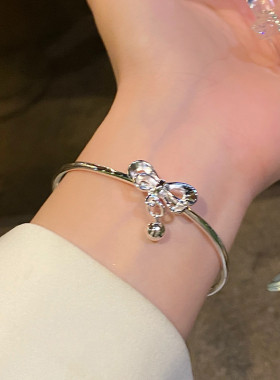 铜镀银手镯女蝴蝶结铃铛手镯手环