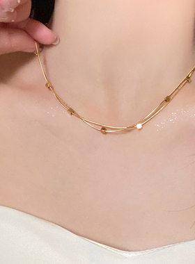 金色双层小方块项链女百搭高级感