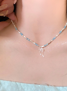 冰川蓝色碎银子流苏蝴蝶结项链女