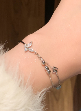 铜镀银半镯半链蝴蝶手链女甜美