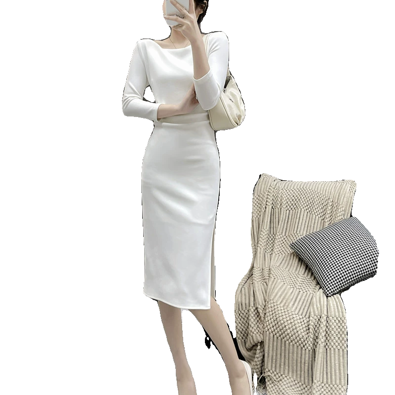 春秋长袖包臀中长裙开衩礼服领证小白裙女裙子白色连衣裙女高级感,淘宝优惠券,粉丝福利购,淘宝优惠卷