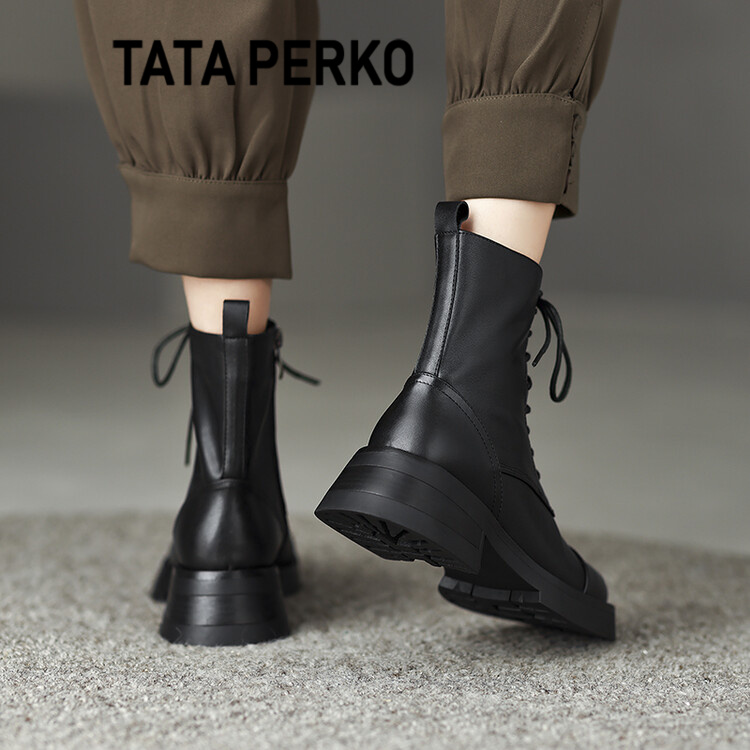 TATA PERKO联名真皮厚底炸街马丁短靴女英伦风百搭平底弹力靴