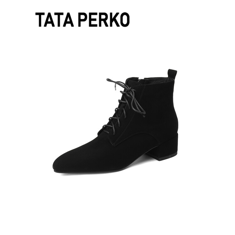 TATA PERKO联名磨砂尖头短靴高级感女粗跟裸靴加绒系带马丁靴