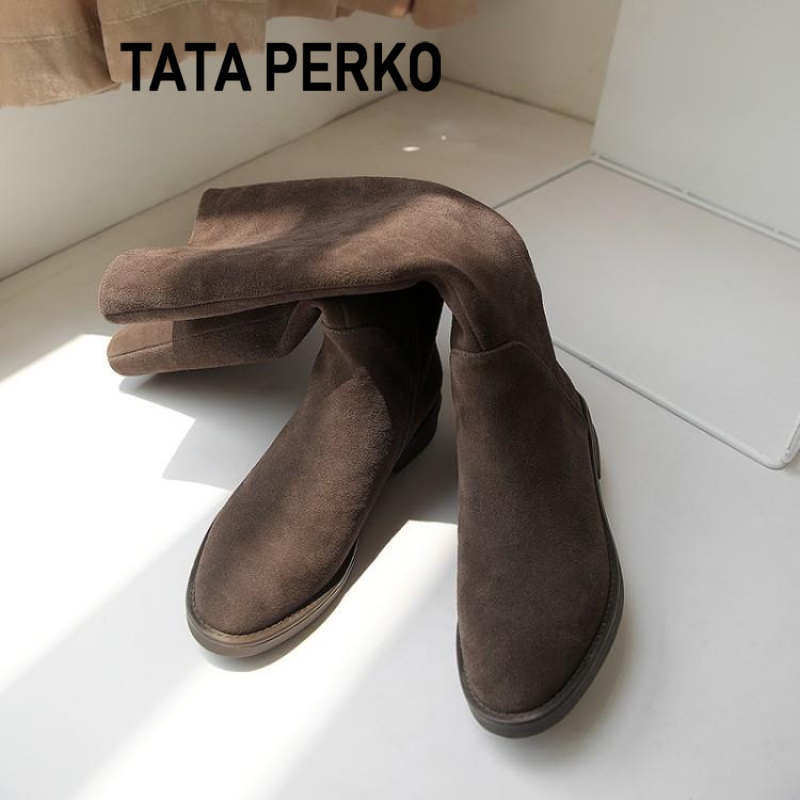 TATA PERKO联名正品磨砂真皮高筒女靴黑色平底不过膝显瘦长靴