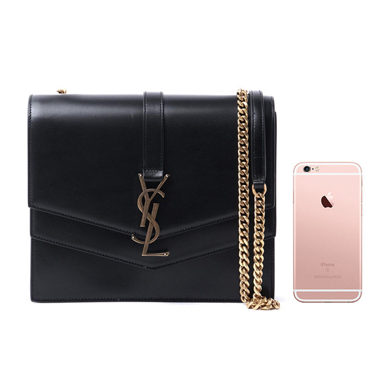 圣罗兰女士黑色牛皮金属单肩链条包 联采海外女士包袋