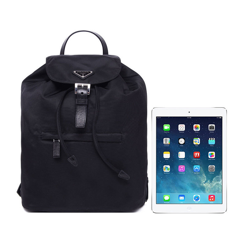 prada黑色帆布女士牛皮饰双肩背包 联采海外女士包袋