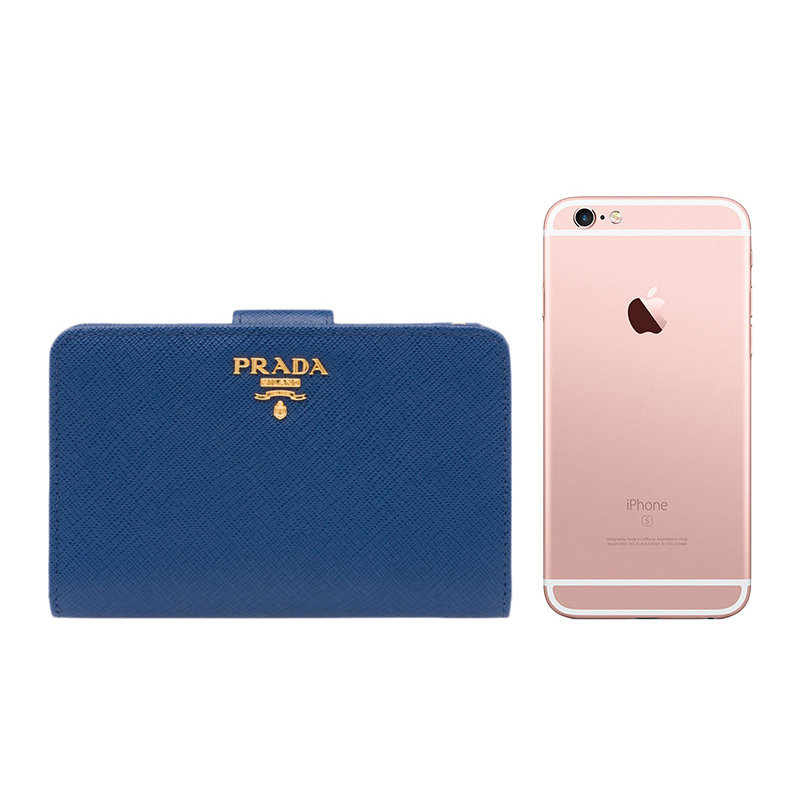prada女士蓝色牛皮logo饰百搭钱包 联采海外女士包袋