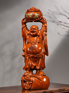 花梨木雕刻弥勒佛摆件聚宝盆客厅