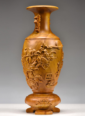 香樟木雕花开富贵花瓶摆件实木家居电视柜插花落地装饰工艺品送礼