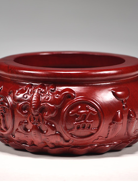 红色木质聚宝盆摆件五路财神聚宝盆客厅办公店铺开业乔迁工艺礼品