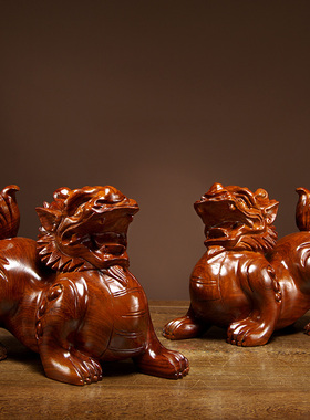 实木雕刻皮丘家居客厅貔貅摆件
