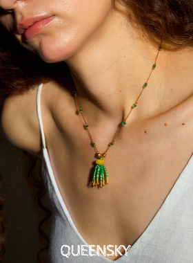 欧美时尚绿色流苏串珠手工小米珠编织项链度假风复古锁骨链轻奢