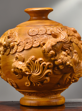 木雕花瓶摆件实木金玉满堂插花瓶