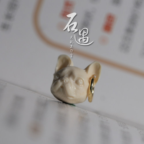 天然猛犸保真牙雕无毛猫小狗头个性文玩手串配饰铜圈提溜可爱饰品 - 图2