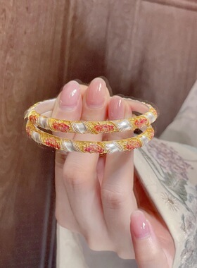 玫瑰纽带开口描金珐琅拉丝手镯女镀纯银轻奢手饰不掉色夸张款