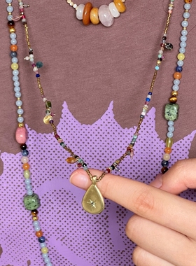 untitledition 意大利复古幸运吊坠天然石彩色串珠项链锁骨链