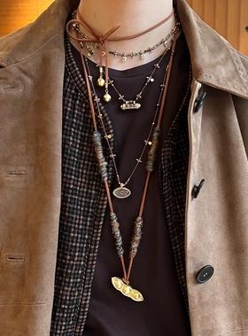 ATELIERSO倪索 爱心锁钥匙串珠纹理南瓜豌豆剪刀吊坠麂皮长项链