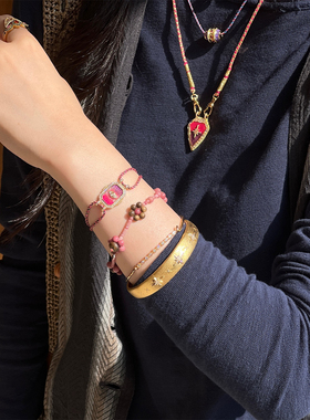 ZIXIU子休 樱樱花手链 莺歌绿奇沉香红木纹14K注金串珠手串