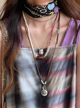 ENSAGE 图腾领绳银瓶吊坠长款项链 925银绿松石皮绳民族风毛衣链