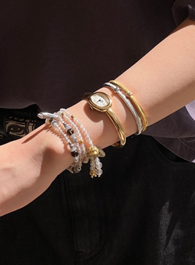 明星款 ATELIERSO倪索 编织钉砂细手镯 气质个性高级感金银叠戴