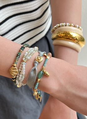 TENDER SOCIETY 度假系列 贝壳天然石串珠编绳丝带叠搭手链套组