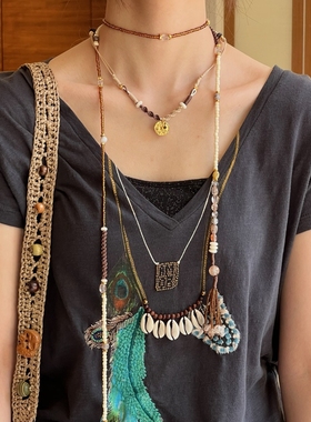 MONSECRET 映夏串珠白水晶锁骨链印痕编绳项链手工编织叠戴配饰