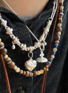 明星款 ENSAGE/APT702 925纯银心型雕刻印章吊坠项链双层蛇骨链