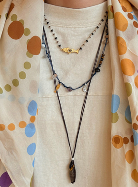 ESPIEGLE 新品三文鱼雏菊月亮绳编织贝壳编珠天然石流苏长项链