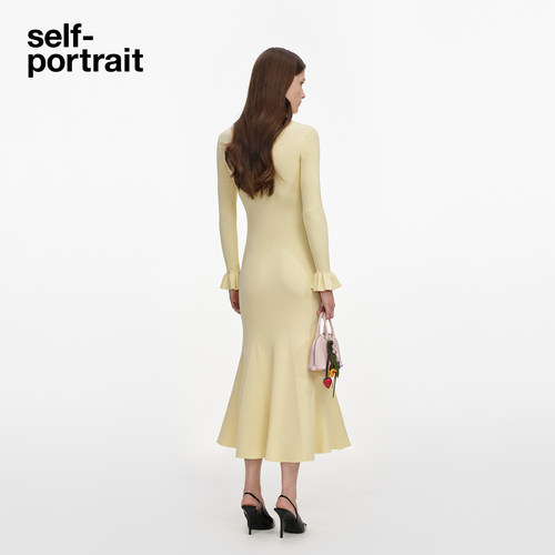 self-portrait 2026早秋新款奶油黄长袖翻领针织连衣裙中长裙 - 图1