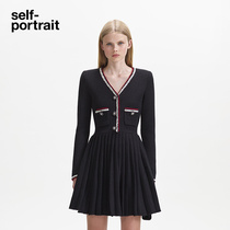 self-portrait 2023 autumn winter classic black elegant and delicate V collar long sleeve knit dress short skirt