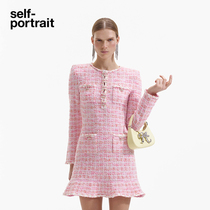 self-portrait 2024 spring summer red powder plaid gikkim windy sweet knit round collar long sleeve dress