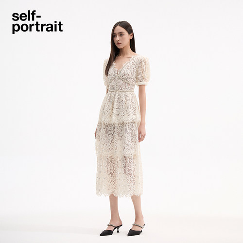 self-portrait 白色SP经典蕾丝重工亮片收腰订婚婚礼长裙连衣裙 - 图0