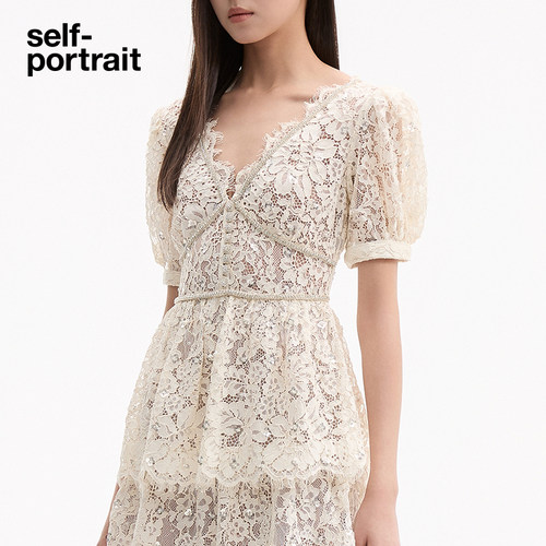 self-portrait 白色SP经典蕾丝重工亮片收腰订婚婚礼长裙连衣裙 - 图2