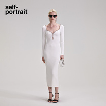 self-portrait 2023 early autumn kite tail dress pure white diamond chain trim with long sleeves knit dress