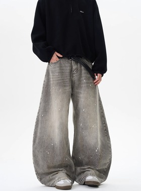 Men's retro splashed ink curved knife wide leg jeans男牛仔裤