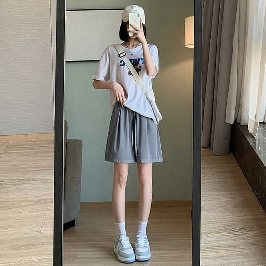 灰色天丝牛仔短裤女夏薄款高腰宽松显瘦学生百搭阔腿五分休闲中裤