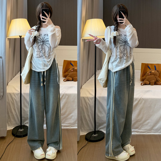 American jeans for women 2025 new spring, autumn and summer high-waisted loose straight casual sports three-bar retro wide-leg pants