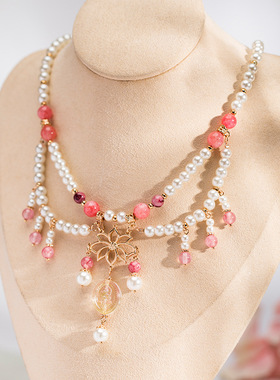 手工粉色软璎珞国风马面裙配饰项链女汉服璎珞古风珍珠吊坠TB17.9