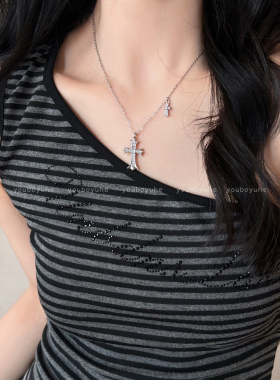 韩系银色十字架项链个性辣妹配饰