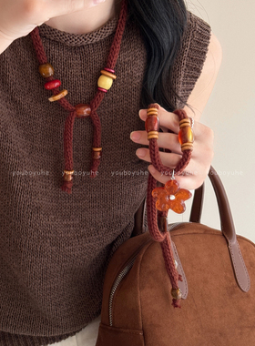 美拉德咖色花朵毛线串珠项链