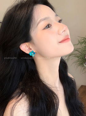蓝色方糖水晶花朵耳钉独特耳环女