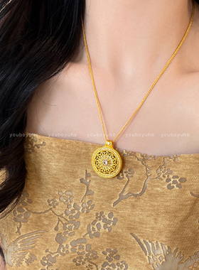 沙金不掉色玫瑰花窗罗盘吊坠项链