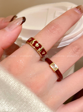 小众精致复古红色爱心锆石戒指女