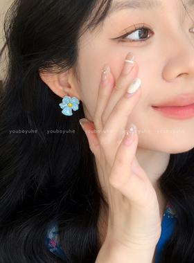 超仙蓝色花朵独特漂亮小众耳环女