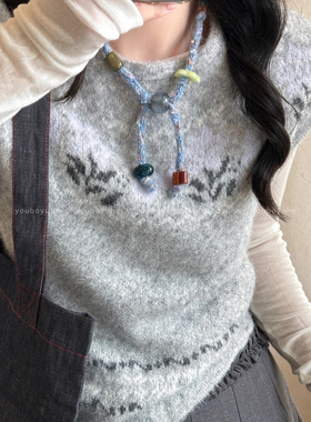 复古针织毛线串珠抽拉项链毛衣链