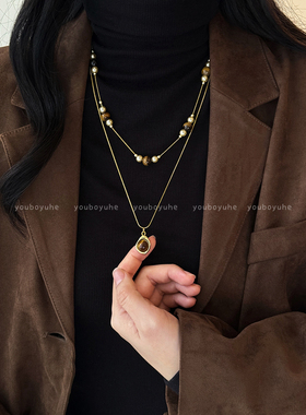 复古虎眼石吊坠项链女叠戴毛衣链