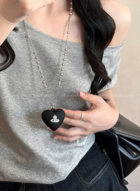 夏季西太后土星黑色爱心长款项链